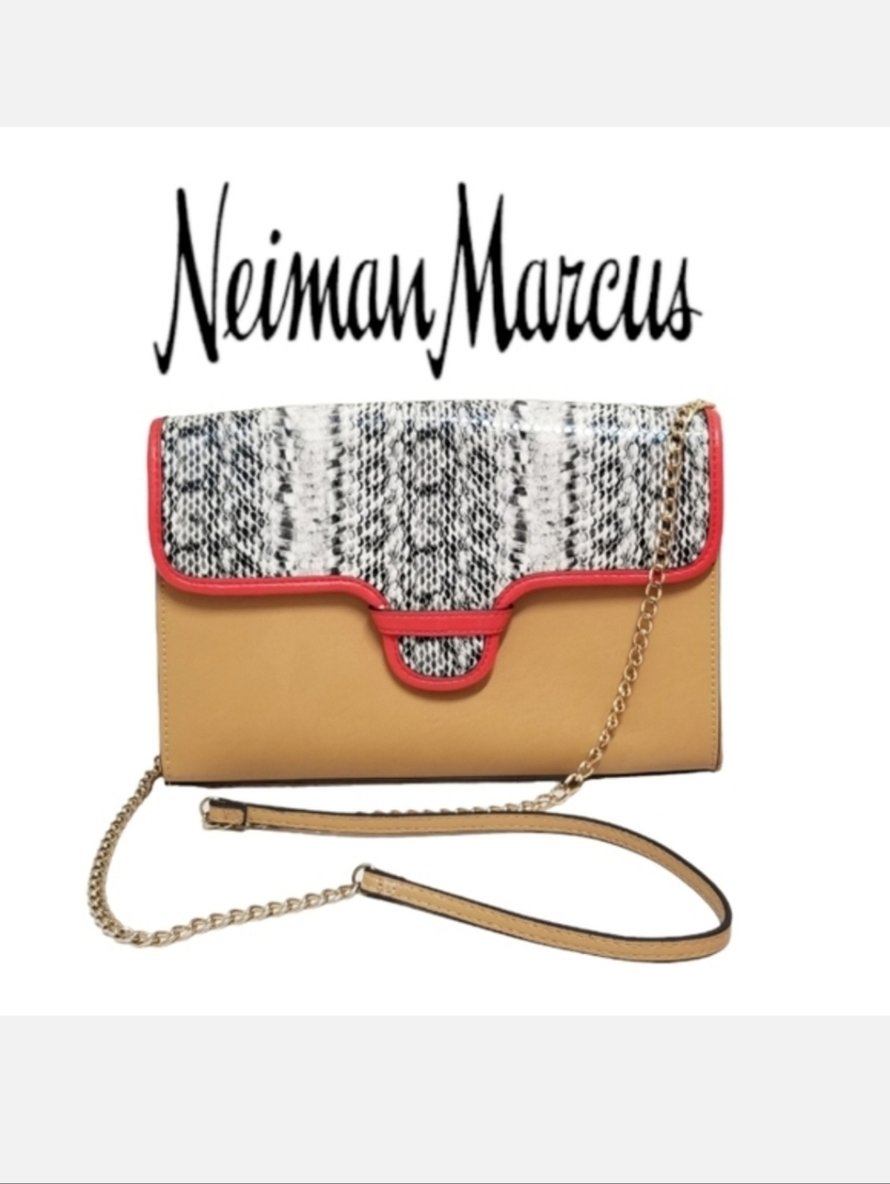 Neiman Marcus Python Embossed Flap Crossbody Clutch Tan Vegan Handbag